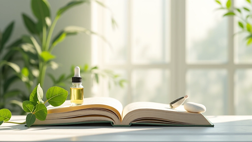 Modern, clean image representing knowledge, health, and beauty, with open books, natural elements, and skincare tools