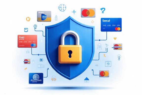 Secure checkout process illustration with lock icon and payment cards