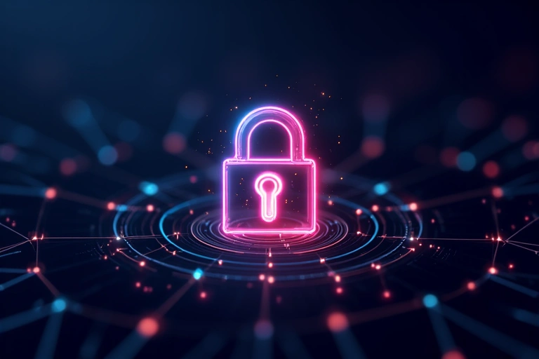 A digital padlock icon with glowing lines, representing robust data security. The background is a dark, abstract network of connections, symbolizing digital protection.