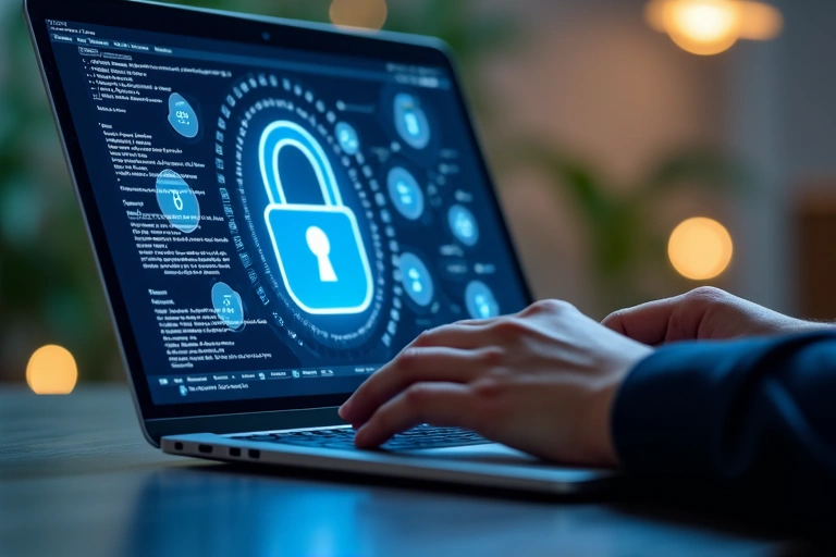 A person reviewing privacy settings on a laptop, with a focus on data protection and cybersecurity