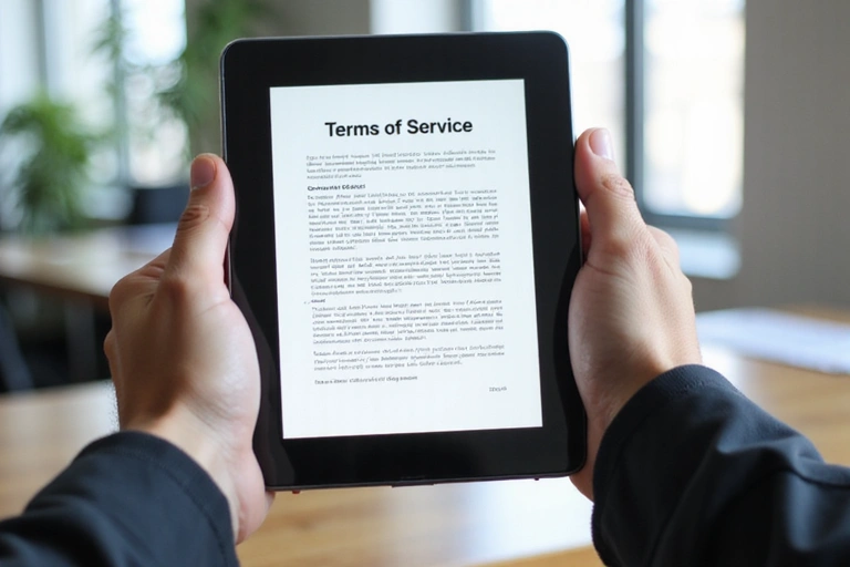 Person reading terms and conditions on a tablet, symbolizing agreement and digital literacy